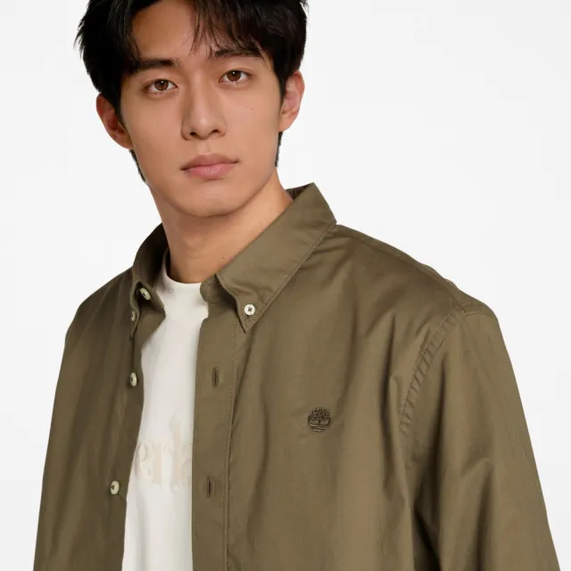 【Timberland】男款灰綠色彈性府綢長袖襯衫(A2ANC590)
