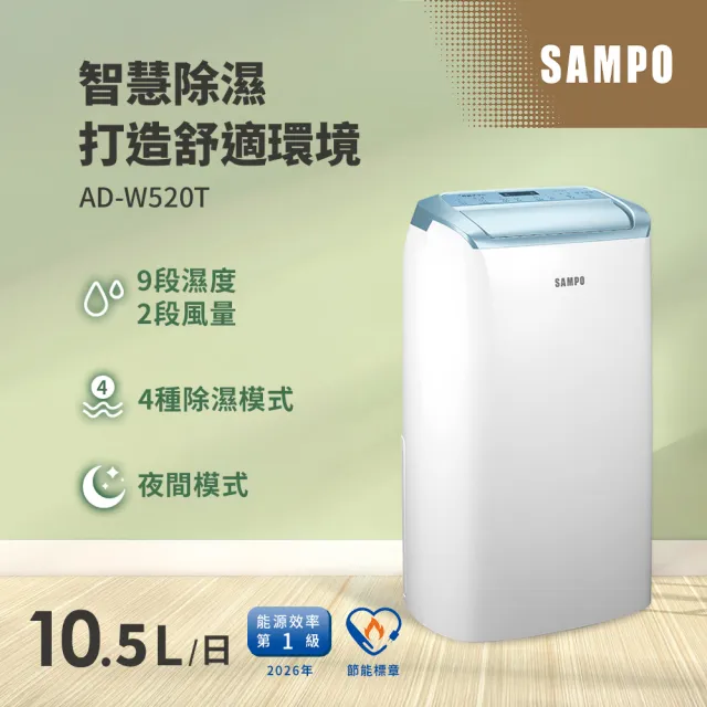 【SAMPO 聲寶】10.5L一級能效智慧全能除濕機(AD-W520T)