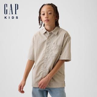 【GAP】兒童 100% 尼龍再生材質寬鬆襯衫-鵝卵石灰(900448)