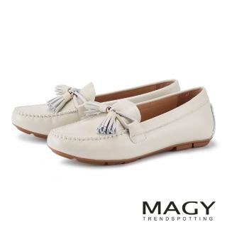 【MAGY】細緻羊皮流蘇飾舒適樂福平底鞋 白色