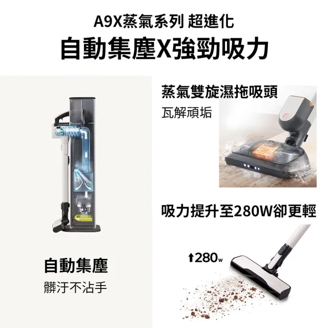 【LG 樂金】CordZero A9X蒸氣濕拖自動集塵無線吸塵器/吸頭收納x除蟎(A9X-STEAM 雪霧白)