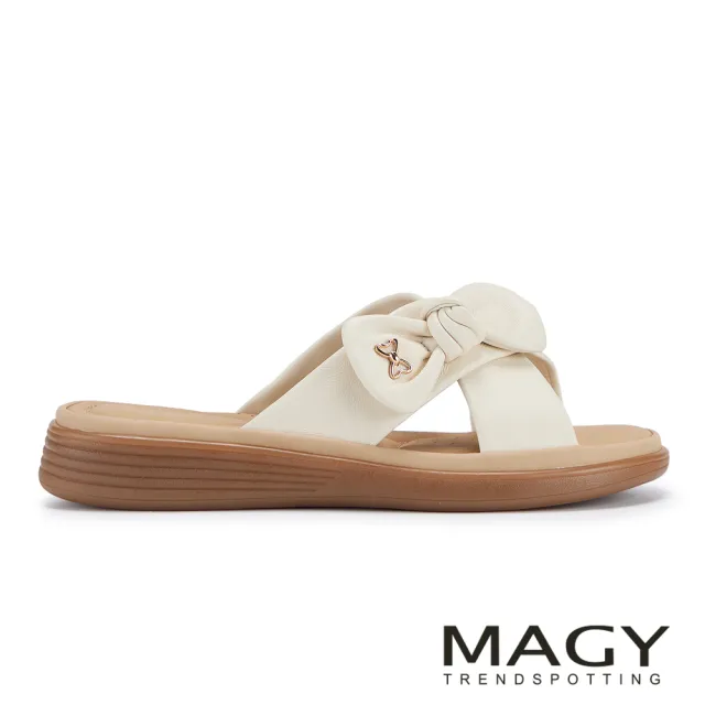 【MAGY】柔軟羊皮蝴蝶結平底拖鞋 米色