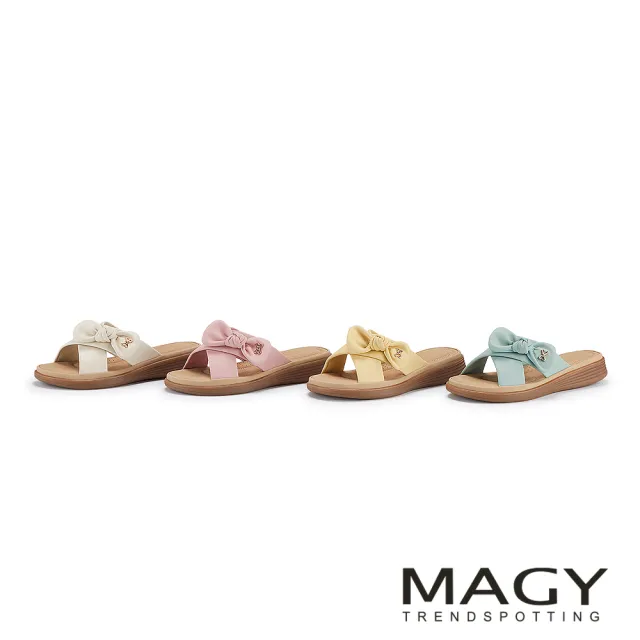 【MAGY】柔軟羊皮蝴蝶結平底拖鞋 米色
