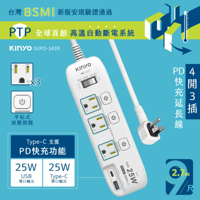 【KINYO】2.7M 4開3插PD+USB延長線 PD快充延長線(GIPD-3439)