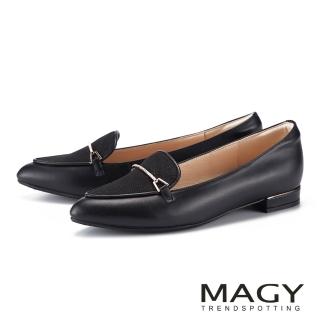 【MAGY】拼接材質馬銜釦樂福平底鞋 黑色