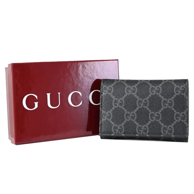 【GUCCI 古馳】GG Supreme 經典雙C印花信用卡證件零錢包(黑灰)