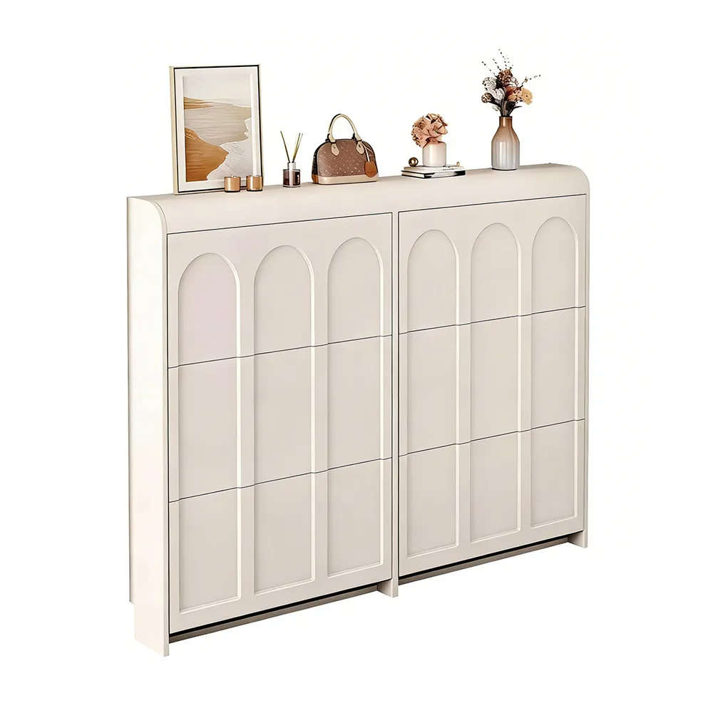 奶油風法式翻鬥鞋櫃（120x17x112cm 白色 E1 級環保板材 超薄收納）