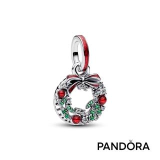 【Pandora 潘多拉】聖誕花圈雙墜吊飾-飾品/情人節禮物/生日禮/純銀