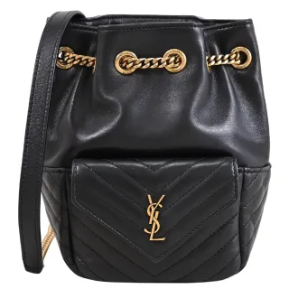 【YSL】JOE NANO 品牌柔軟絎縫羊皮迷你水桶包斜背包(黑)
