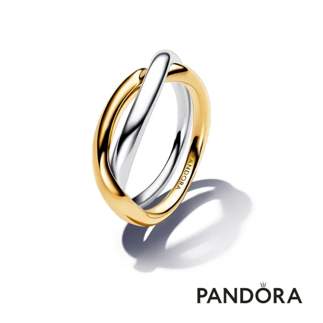 【Pandora 潘多拉】自然流線雙色戒指/鍍14k金