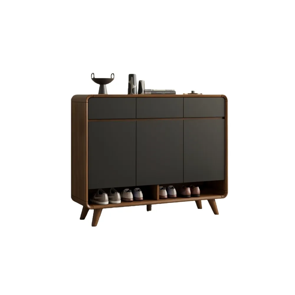 【TAMZU 潭祖】實木框鞋櫃 新中式鞋櫃 入戶進門室內玄關櫃 一體鞋櫃(三門三抽 胡桃深灰門100*34.5*100)