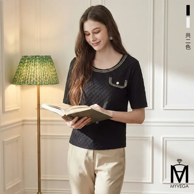 【MYVEGA 麥雪爾】MA法式小香風菱格紋亮珠短袖上衣-共二色(女上衣/短袖上衣/小香風/雪紡衣)