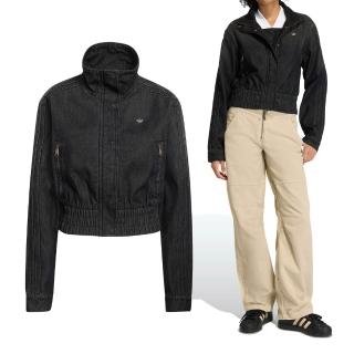 【adidas 愛迪達】P ESS Denim TT 女款 黑色 短版 高領 牛仔夾克 三葉草 國際碼 外套 KD3918
