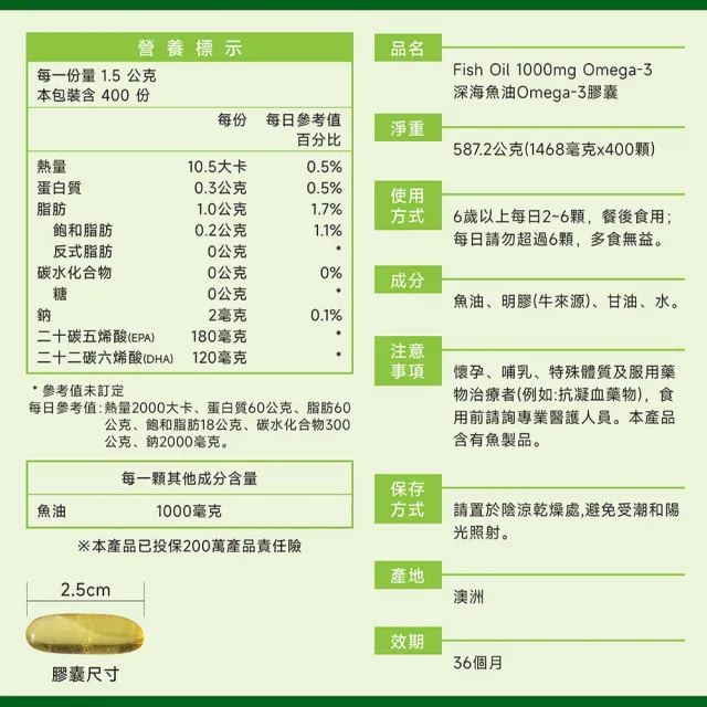即期品【Healthy care】澳洲原裝 深海魚油Omega-3 膠囊 400顆(DHA/EPA/原廠公司貨)
