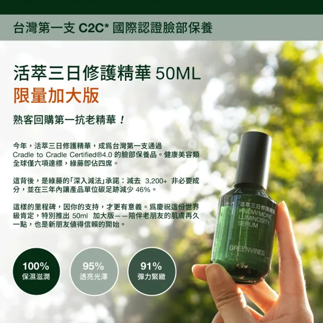 【greenvines 綠藤生機】2026母親節限定★活萃三日修護精華50ml 雙入組