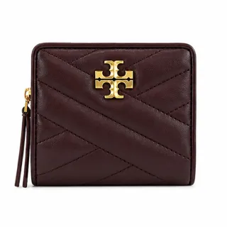 【TORY BURCH】KIRA 金字LOGO羊皮斜紋拉鍊零錢短夾(暗紅)