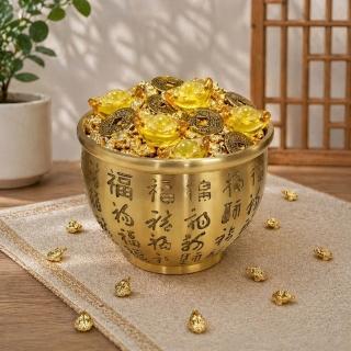 【A&R】招財轉運 百福納財黃銅聚寶盆附金蟾 元寶五帝錢擺飾 大款 (開運 補財庫 辦公室 財位 風水擺件)