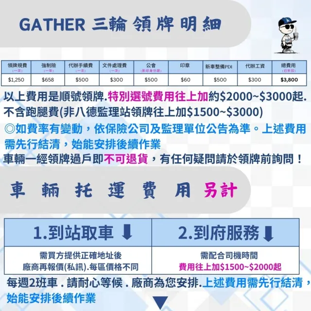 【AEON 宏佳騰】GATHER三輪/油車(125CC/國產車/機車/白牌/普洛吉村重機)