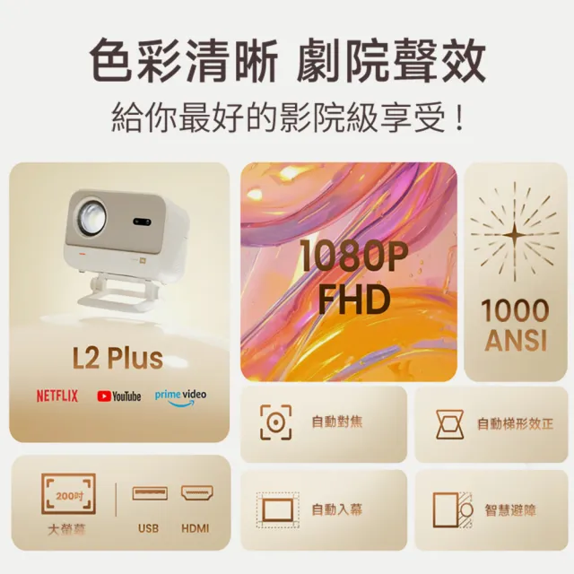 【YABER】焦糖風暮光投影機 L2 Plus(1080P 1000ANSI JBL喇叭 自動避障 自動對焦避障 側投 無線投影)