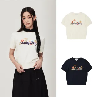 【Wacky WiLLY】官方旗艦館 女款刺繡圖案短袖針織衫(WMS針織毛衣 奶油白/海軍藍色)