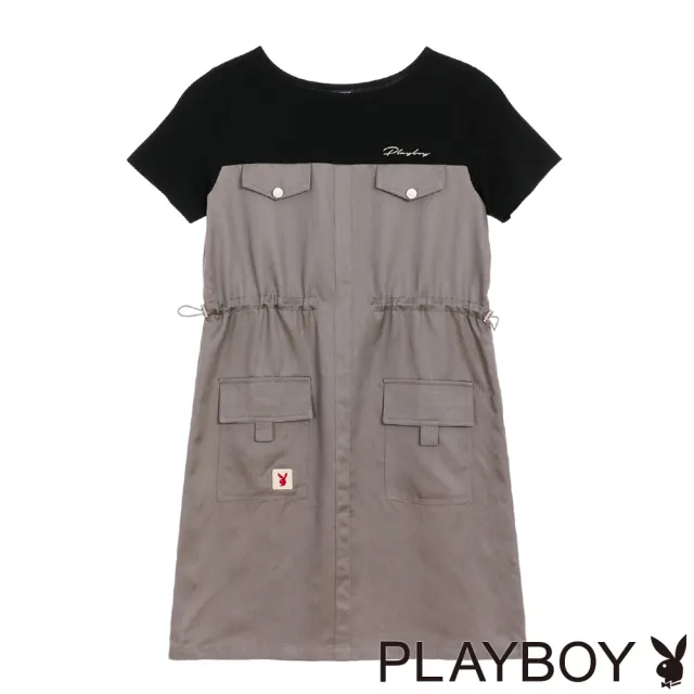 【PLAYBOY】工裝天絲大口袋洋裝 - 黑色