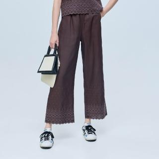 【ILEY 伊蕾】圖騰刺繡下擺萊賽爾直筒長褲(深咖；M-2L；1262366505)