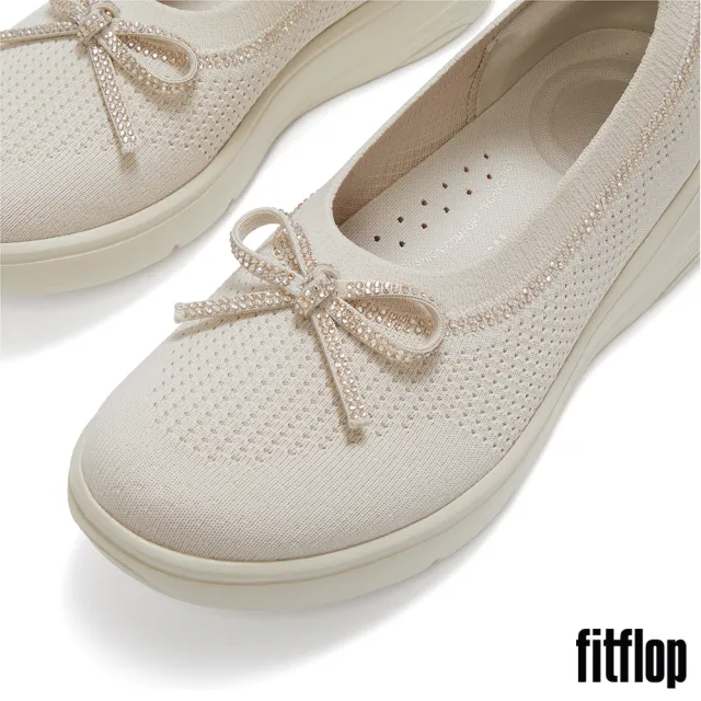 【FitFlop】SUPER-Q 蝴蝶結水鑽邊針織芭蕾舞平底鞋-女(米色)