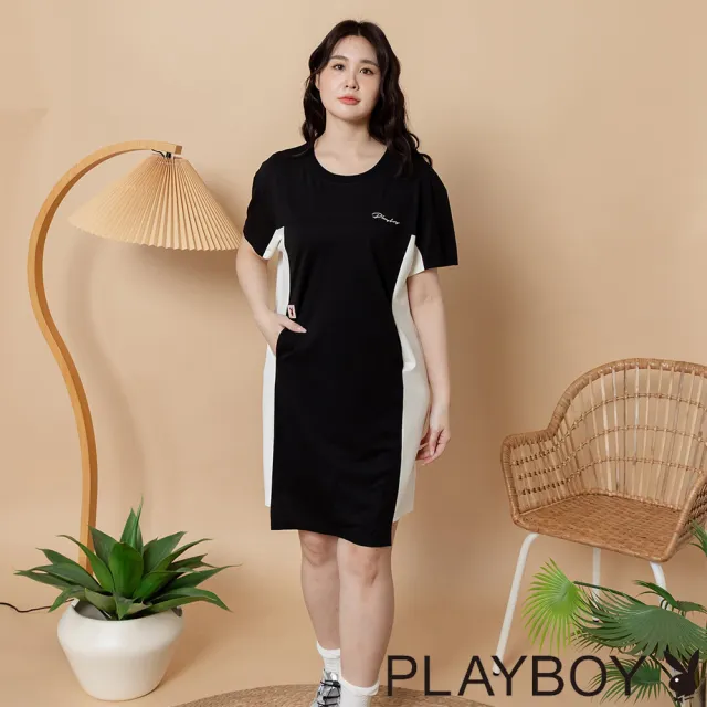 【PLAYBOY】簡約流線拼接H型洋裝 - 黑色