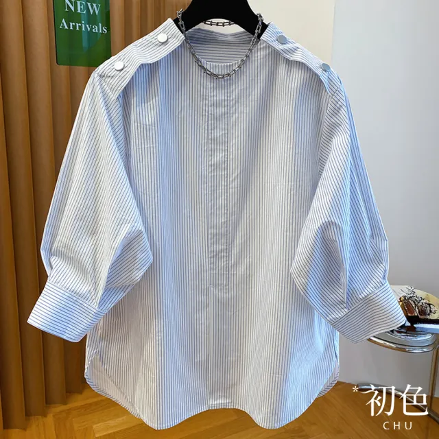【初色】寬鬆細條紋淺藍色圓領七分長袖休閒襯衫上衣女上衣-藍條紋-12658(L-2XL可選)(其他規格)
