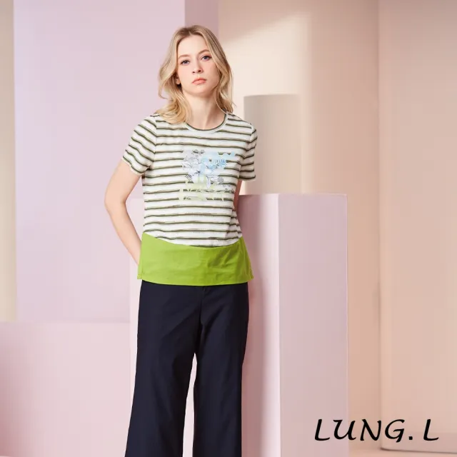 【LUNG.L 林佳樺】LU45A 綠色條紋花卉膠印撞色下擺設計短袖上衣