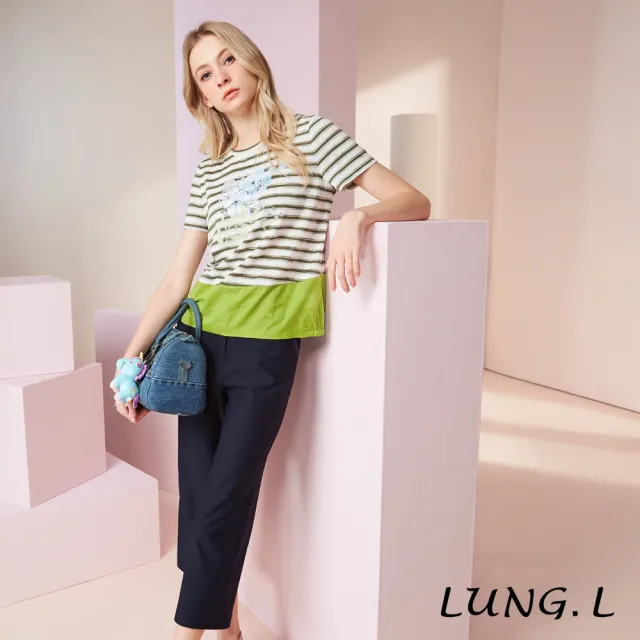 【LUNG.L 林佳樺】LU45A 綠色條紋花卉膠印撞色下擺設計短袖上衣