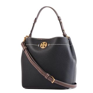 【TORY BURCH】荔枝紋磁釦手提/斜背二用水桶包-黑色/小
