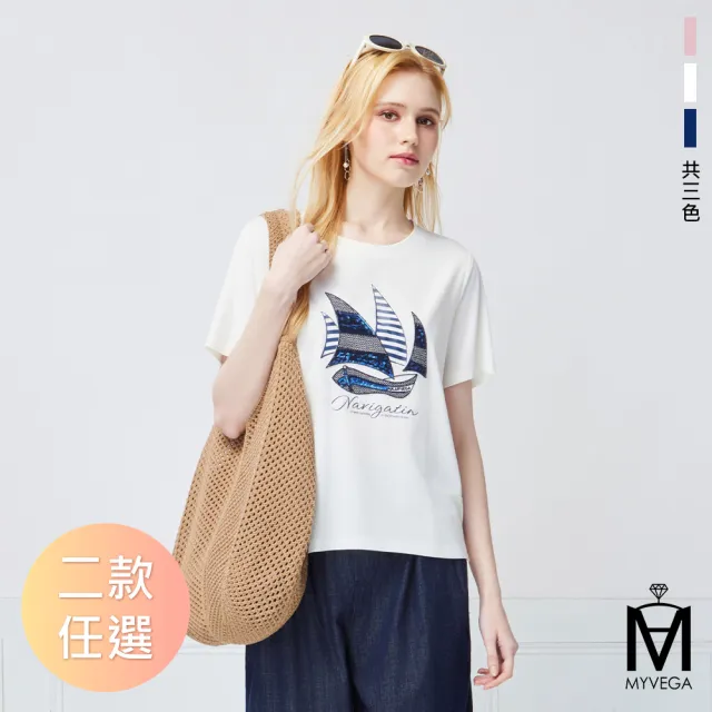 【MYVEGA 麥雪爾】MA立體雕花蕾絲/休閒帆船圖騰上衣-二款任選(女上衣/短袖上衣/蕾絲衣)