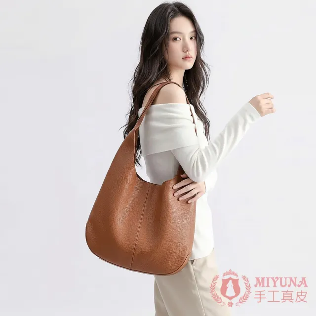 【MIYUNA 米友娜】真皮頭層牛皮Elin流線半月大容量托特包肩背側背包(真皮包包 金棕色)