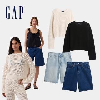 【GAP】女裝 100%純棉開襟衫/中腰長款牛仔短褲-多款任選(886533&889871&867767)