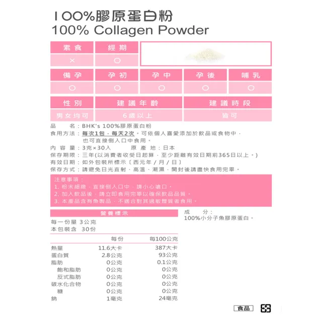 【BHK’s】100%膠原蛋白粉 1盒 (3g/條；30條/盒)