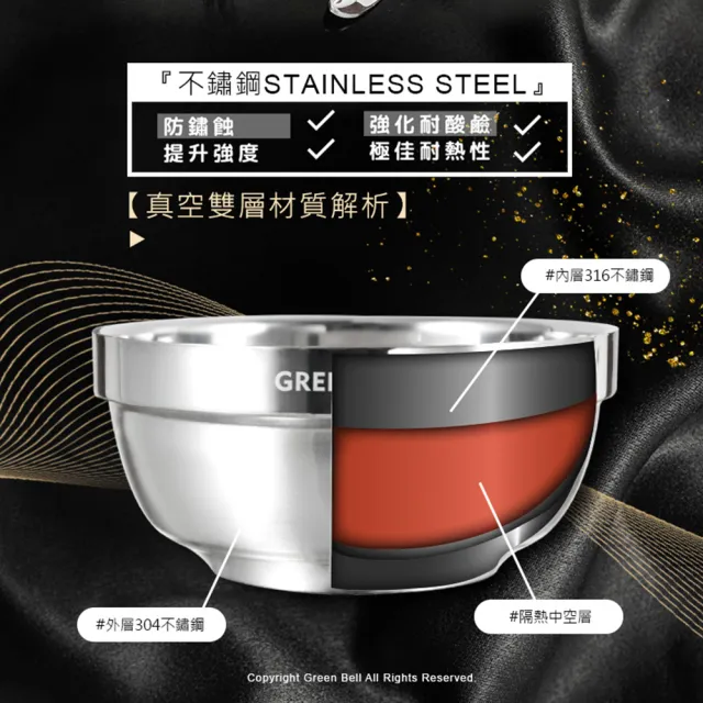 【GREEN BELL 綠貝】316不鏽鋼雙層隔熱碗筷4件組-13.5cm白金碗2入+316防滑筷2雙(防燙 耐酸 環保 SGS)
