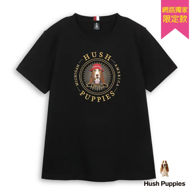 【Hush Puppies】男裝 T恤 經典漁夫帽狗圓章T恤 (黑色/ 63111901)