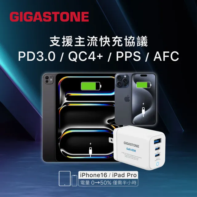 【Gigastone 立達國際】GaN 45W 氮化鎵三孔快充充電器+C to C 100W快充傳輸線(支援iPhone17/Switch充電頭)
