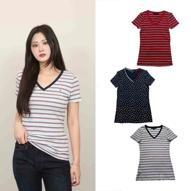 【TOMMY HILFIGER】女款 V領 Tommy Hilfiger 貼身版型 彈性 輕薄 短T 短袖 T恤 女生上衣 湯米(1524 CW4)