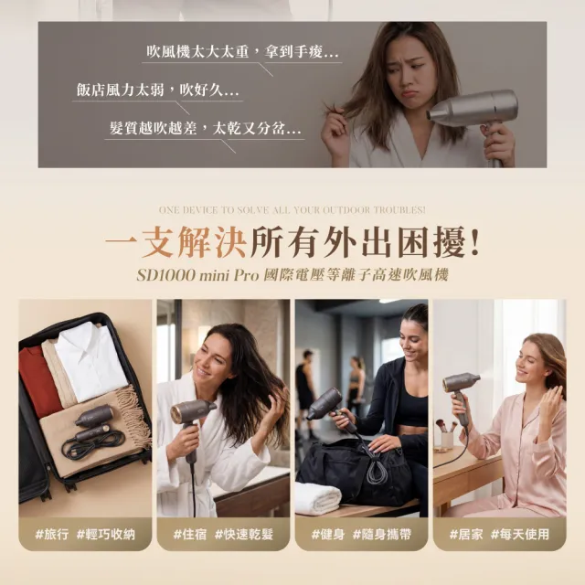 【SOLAC】等離子高風速吹風機 國際電壓 速乾隨行吹風機(新品上市/國際電壓/全球電壓) SD1000MPG(momo集資)