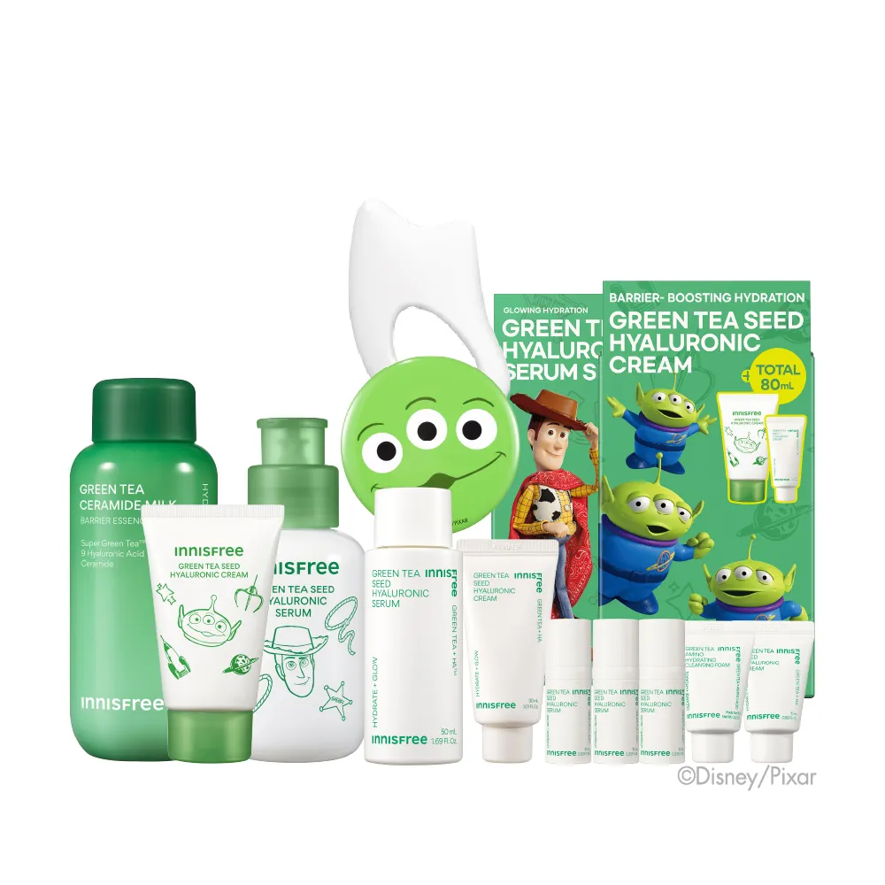 【innisfree】綠茶玻尿酸保濕全能組(玩具總動員限定版/牛奶水+精華+保濕霜/神經醯胺)