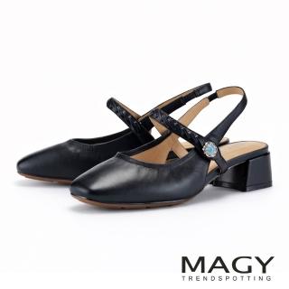 【MAGY】嚴選牛皮後空瑪莉珍粗跟鞋 黑色