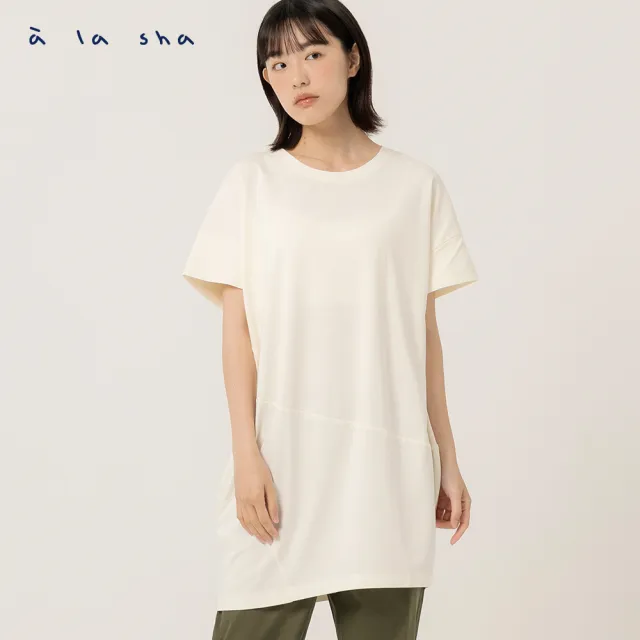 【a la sha】立體抹茶印花剪接長版T