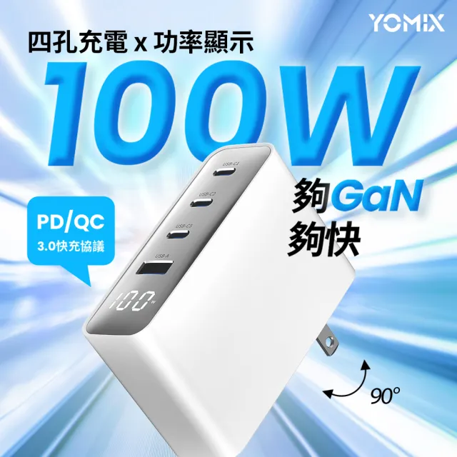 【YOMIX 優迷】240W折疊支架磁吸線組★100W氮化鎵數據顯示四孔快充充電器(Type-C/USB/筆電快充/豆腐頭/充電