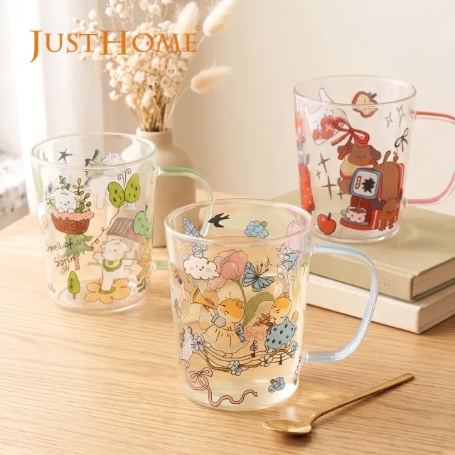 【Just Home】萌系動物透明玻璃馬克杯400ml單入-3款可選(杯 玻璃杯 耐熱玻璃)
