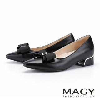 【MAGY】嚴選牛皮蝴蝶結尖頭低跟包鞋 黑色