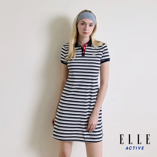 【ELLE ACTIVE】女款 翻領排釦條紋POLO短袖洋裝-藍色(EA26S1W2609#39)