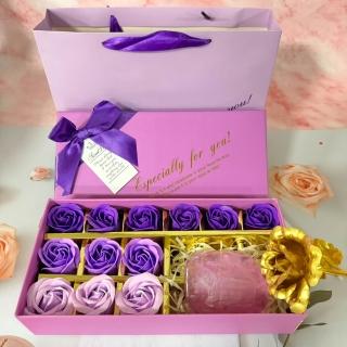 【A-ONE 匯旺】紫色金箔精油皂禮盒 (附手提袋+紫香皂花12朵+金箔玫瑰花) ☆薰衣草 水晶 寶石皂 香皂花禮盒
