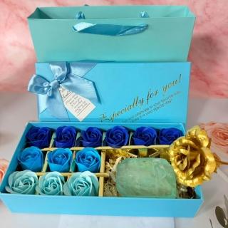【A-ONE 匯旺】墨綠金箔洗顏皂禮盒 (附手提袋+藍香皂花12朵+金箔玫瑰花) 茶樹 鑽石皂 浪漫玫瑰禮盒